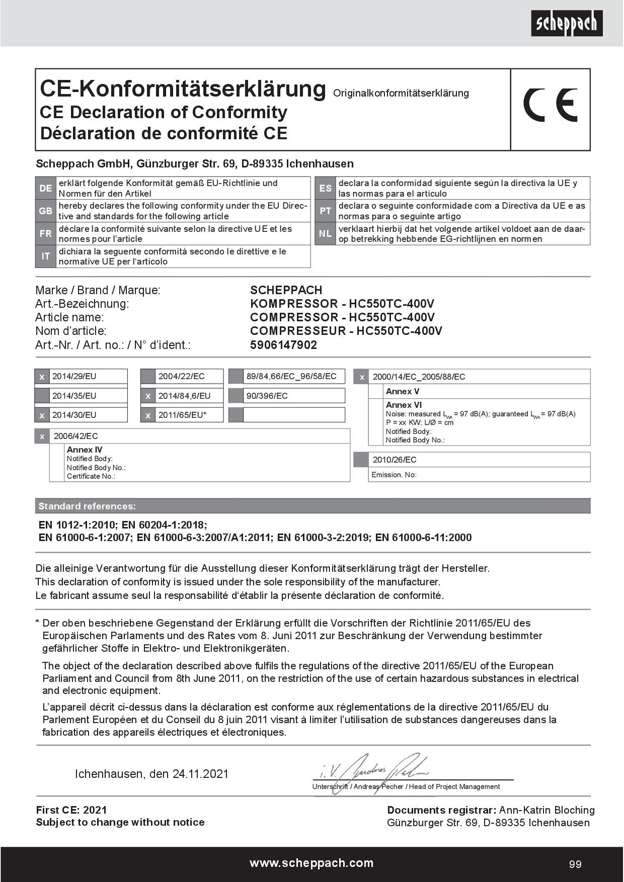 Scheppach hc550tc 400v Compressore a cinghia 100lt 3 cilindri 4cv 10 bar