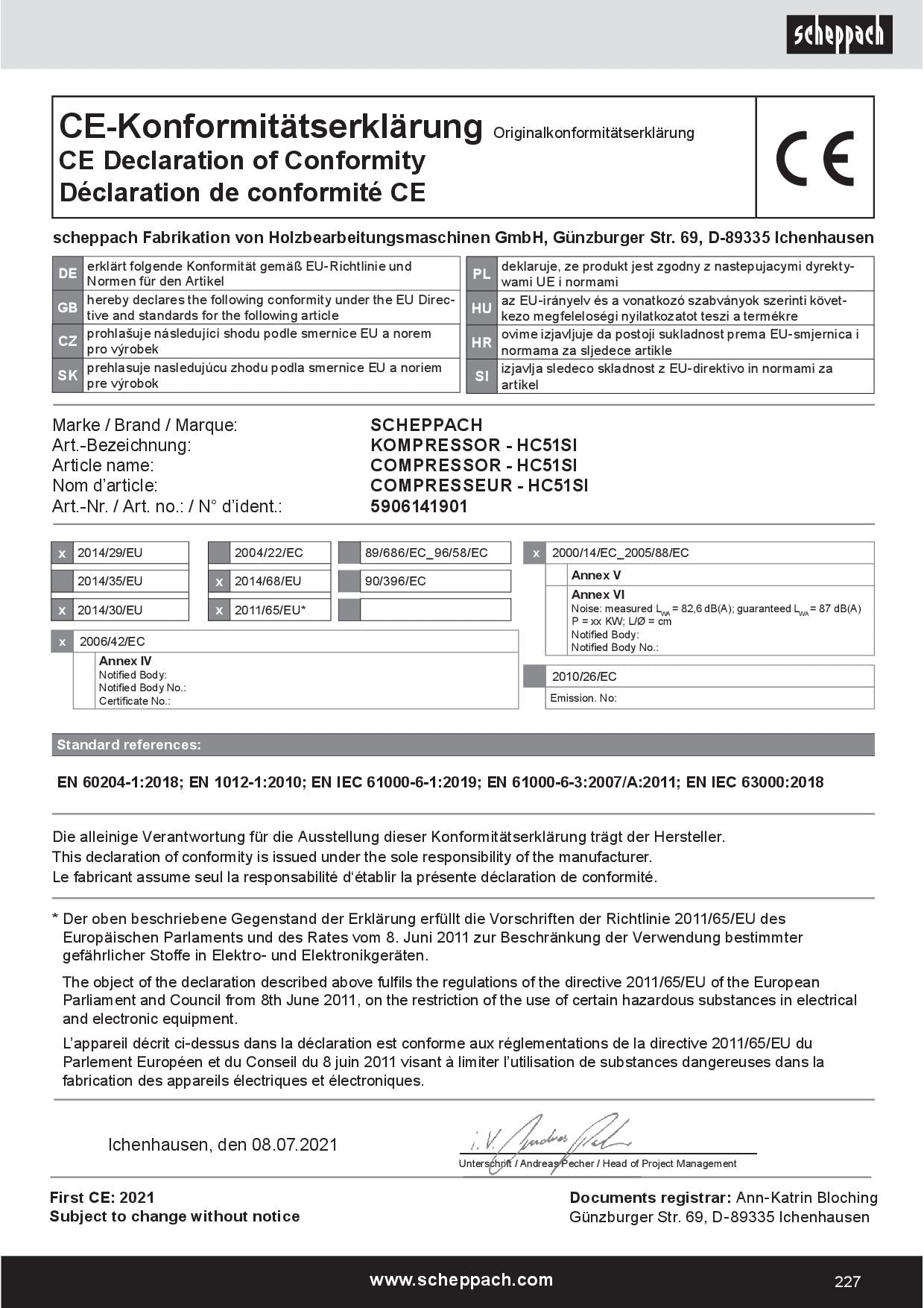Scheppach hc51si Compressore aria silenziato 50lt 1.5Kw 8 bar