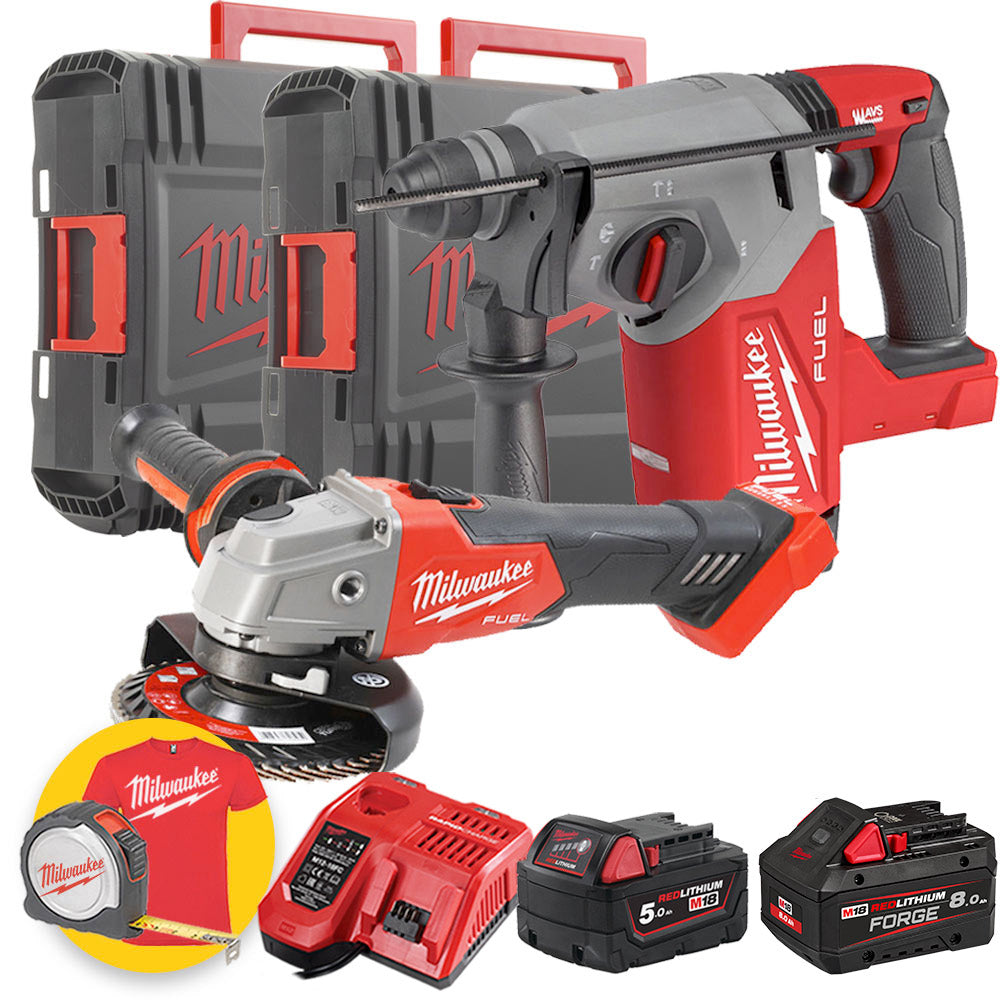 Milwaukee M18 FPP2BF-552X - Tassellatore a batteria M18 FH + Smerigliatrice FSAG125X - 1 x 5Ah + 1 x 8Ah FORGE