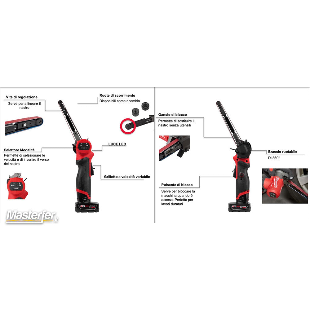 Milwaukee M12 FBFL13-402B - Smerigliatrice levigatrice a batteria 12V con nastro da 10 mm - 2 batteria da 4Ah