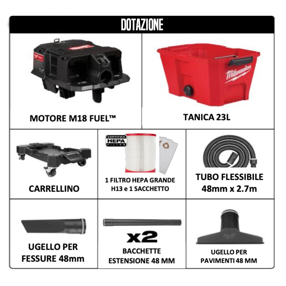 Milwaukee M18 F2VC23L-0 - Aspiratore a batteria 2 x 18V FUEL per solidi / liquidi CLASSE L - 23 litri - solo corpo