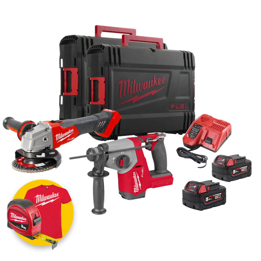 Milwaukee M18 FPP2ITA-502X - Kit utensili a batteria 18V / Tassellatore FHAC16 + Smerigliatrice FSAG125X - 2 batteria da 5Ah