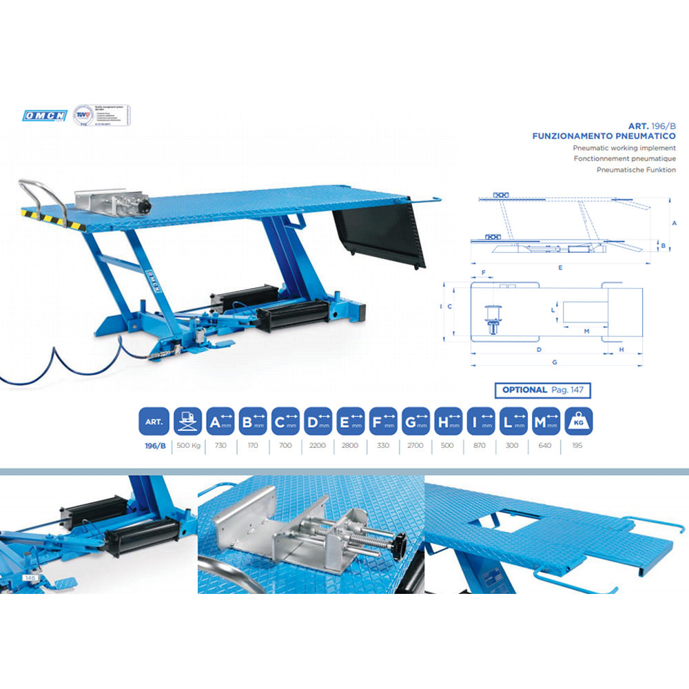 OMCN 196/B - Sollevatore moto pneumatico con finestra estraibile, portata 500kg
