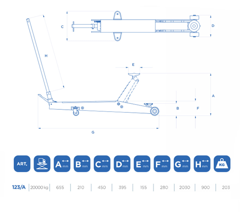 Sollevatore idraulico / cric a carrello OMCN 123 - 15T - 15 Tonnellate