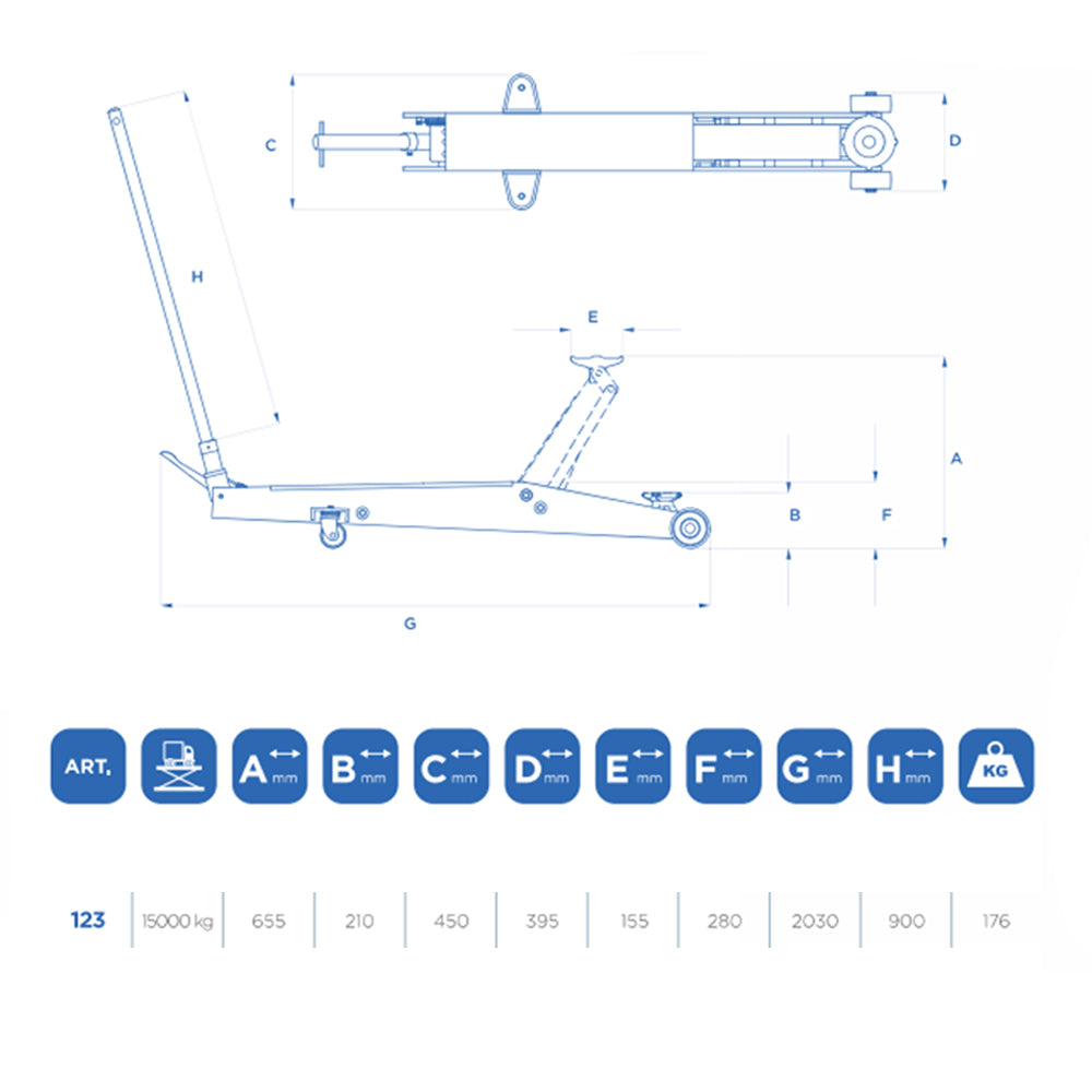 Sollevatore idraulico / cric a carrello OMCN 123 - 15T - 15 Tonnellate