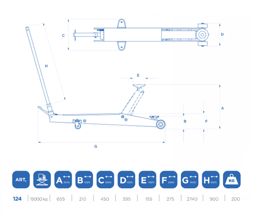 Sollevatore idraulico / cric a carrello OMCN 124 - 15T - 15 Tonnellate
