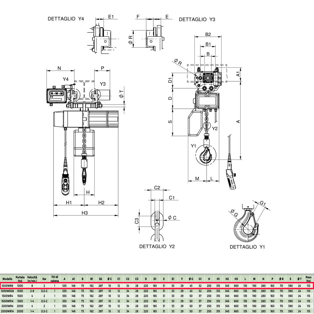 Rwm 1000WR8-CE - Paranco elettrico professionale a catena su carrello elettrico, portata 1000Kg