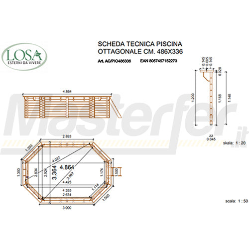Losa Legnami AC/PIO486336 - Piscina Ottagonale in Legno 486x336 cm 