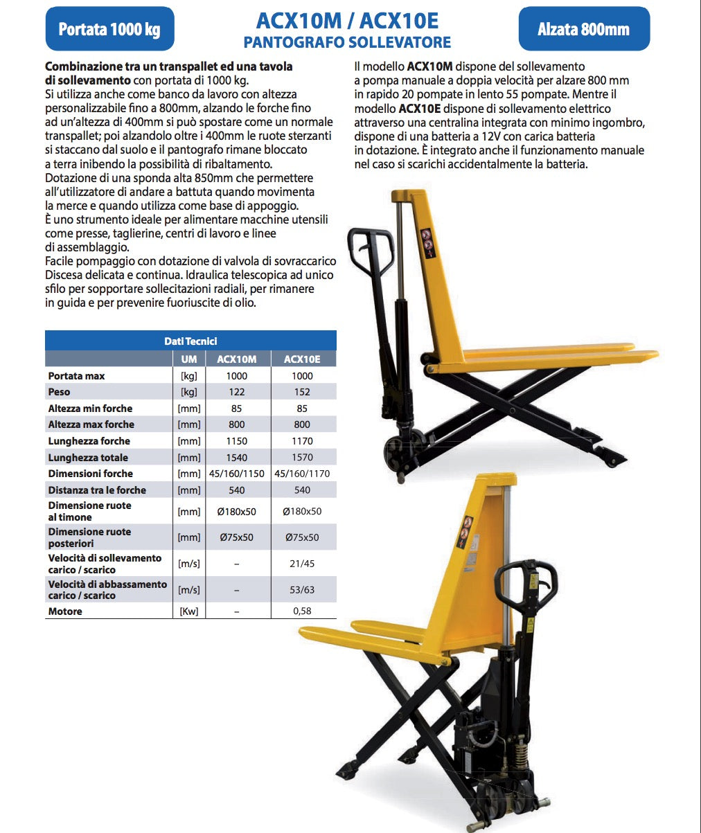 AxA ACX10M - Sollevatore transpallet a pantografo, portata 1000 Kg, alzata 800 mm