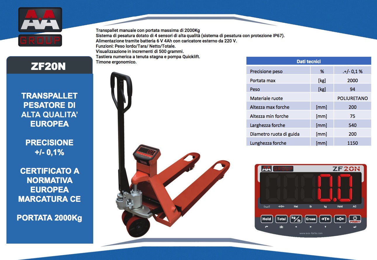 AxA ZF20N - Transpallet pesatore senza stampante, portata 2000Kg, alzata 200 mm