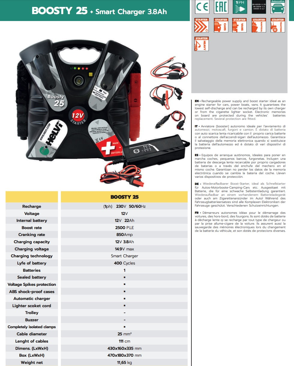 Helvi Boosty 25 - Avviatore booster portatile con batteria per motoscafi, furgoni, camion
