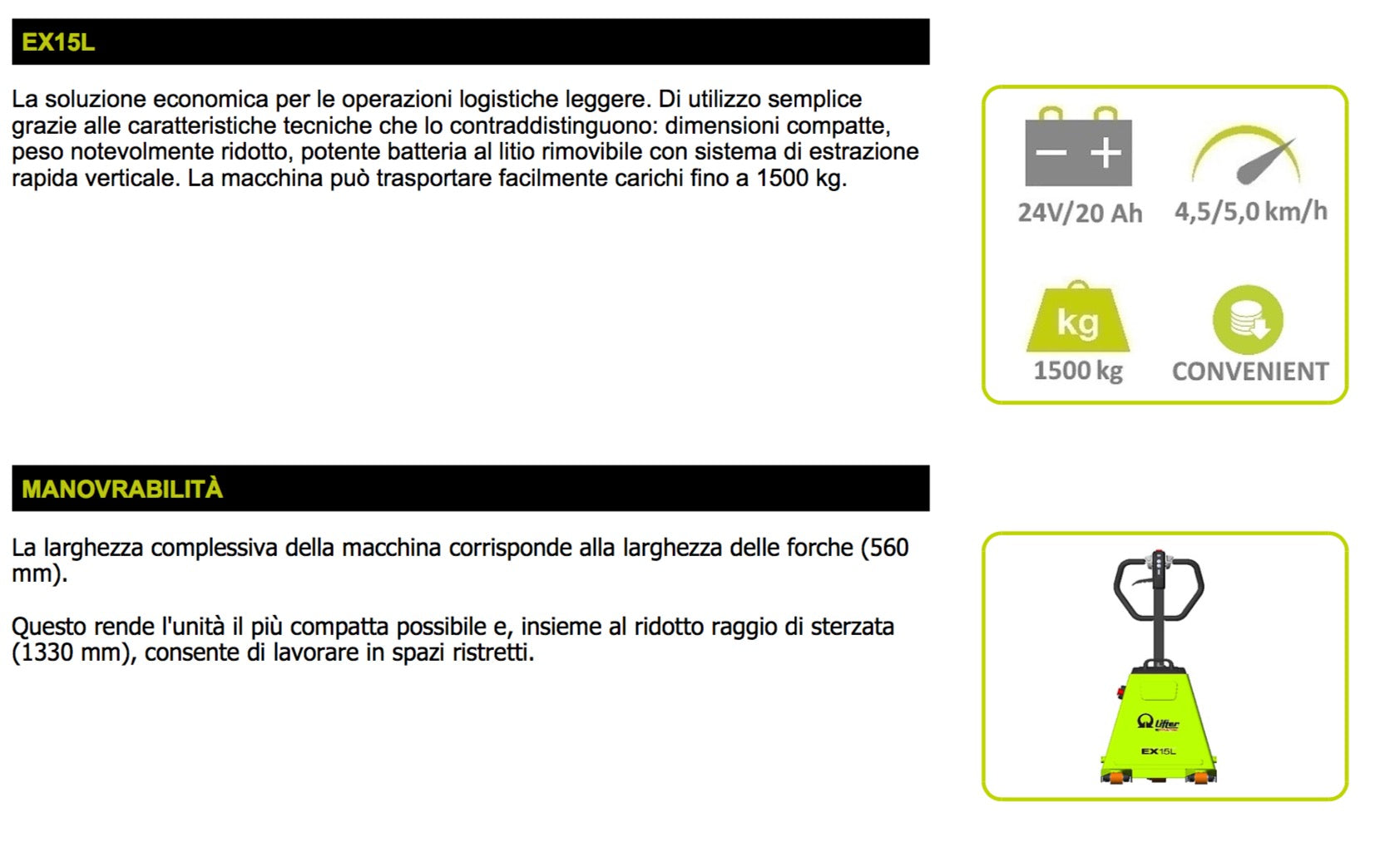 Pramac EX15L 1150X560 - Transpallet a batteria al Litio portata 1500 Kg