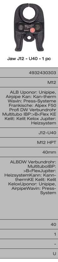 Milwaukee ganasce per pressatrice idraulica M12 - modello a scelta