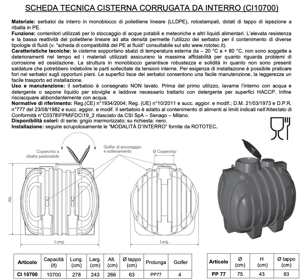 Rototec CL10700 - Serbatoio cisterna da interro - capacità 10700 litri
