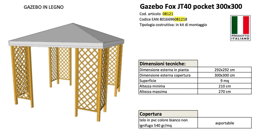 ALCE FOX JT40 POCKET - GAZEBO dim. 300X300cm CON TELO IN PVC
