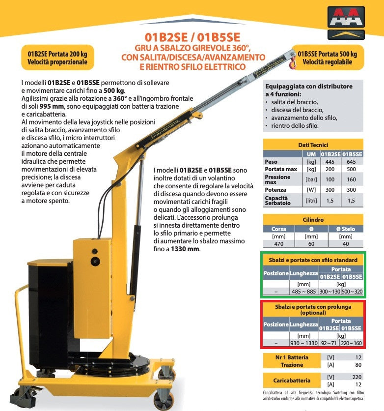 AxA 01B5SE - Gru gruetta idraulica girevole a batteria con avanzamento e rientro elettrico, 500kg