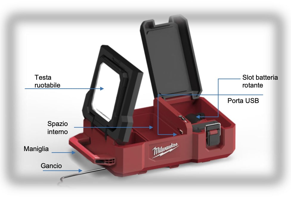 Milwaukee M12 POAL-0 - Faretto led a batteria 12V Packout con portautensili e minuteria