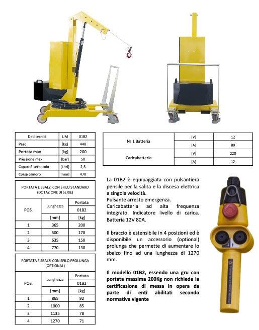 AxA 01B2 - Gru gruetta idraulica a sbalzo girevole a batteria, 500kg per officina