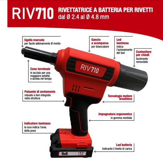 Rivit RIV710 - Rivettatrice a batteria al litio 18V 2,0Ah per rivetti fino a 4,8 mm
