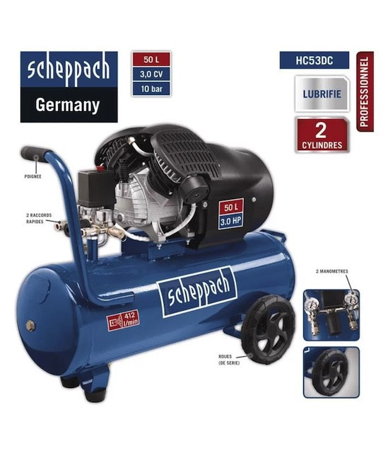 Scheppach HC53DC - Compressore aria 50 lt lubrificato portatile bicilindrico a V