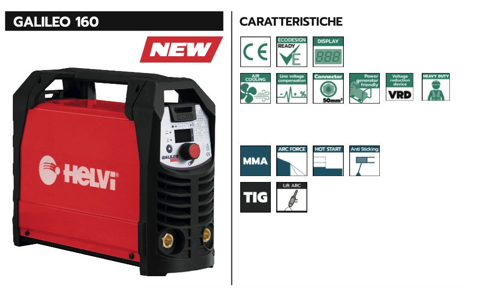 Helvi GALILEO 160 - Saldatrice inverter a elettrodo MMA e TIG - 160 A - Kit accessori e borsa 