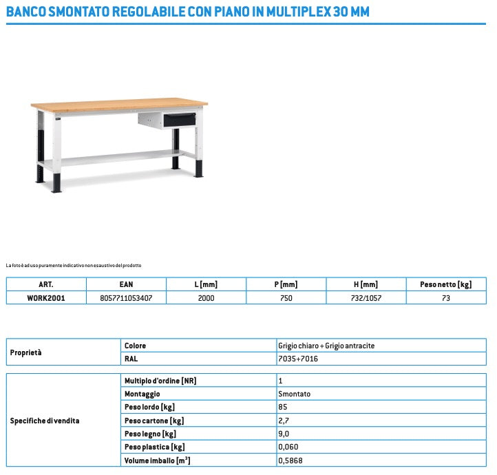 Fami WORK2001 - Banco tavolo da lavoro con altezza regolabile 1 cassetto, L 200 cm