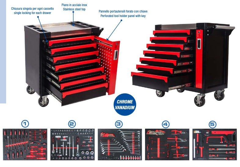 Marcotools 05.088.140 - Carrello porta attrezzi 7 cassetti con piano in INOX completo di 196 utensili 