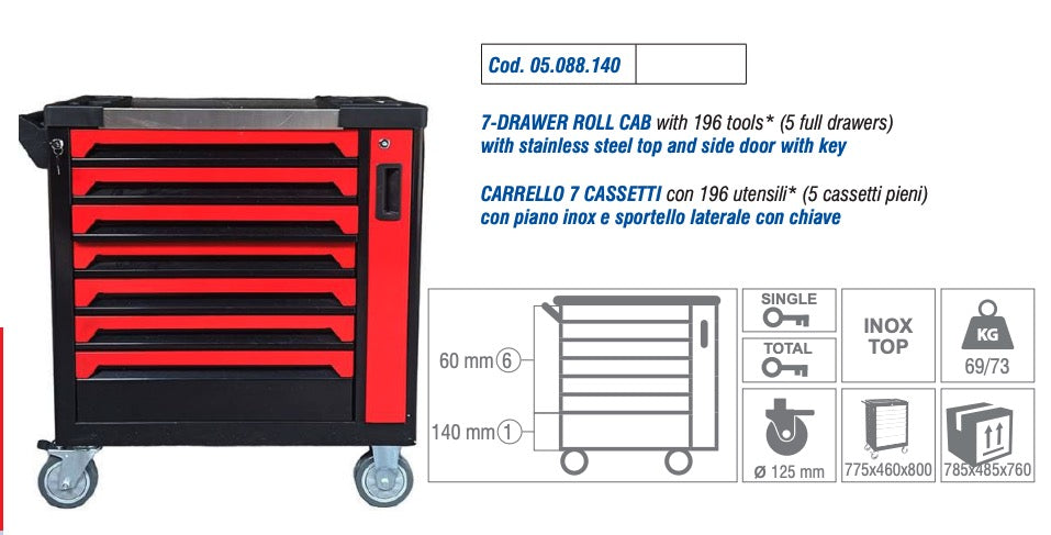 Marcotools 05.088.140 - Carrello porta attrezzi 7 cassetti con piano in INOX completo di 196 utensili 