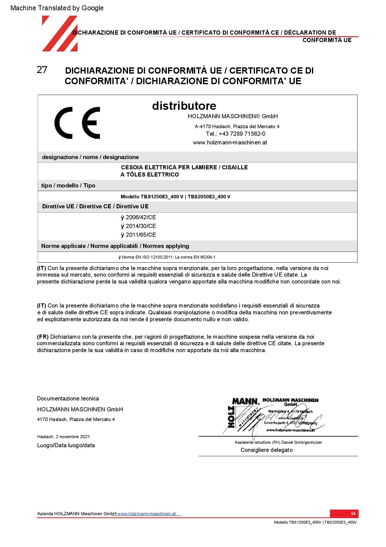 Holzmann TBS2050E3 400V Cesoie elettriche a ghigliottina 4000w max 3 mm larghezza max 2050 mm