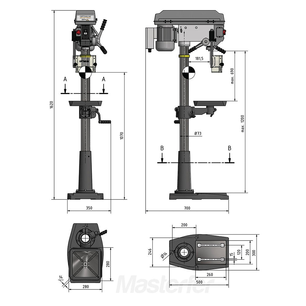 Optimum DQ25 - 400V - Trapano a colonna con trasmissione a cinghia, trifase interno conghie