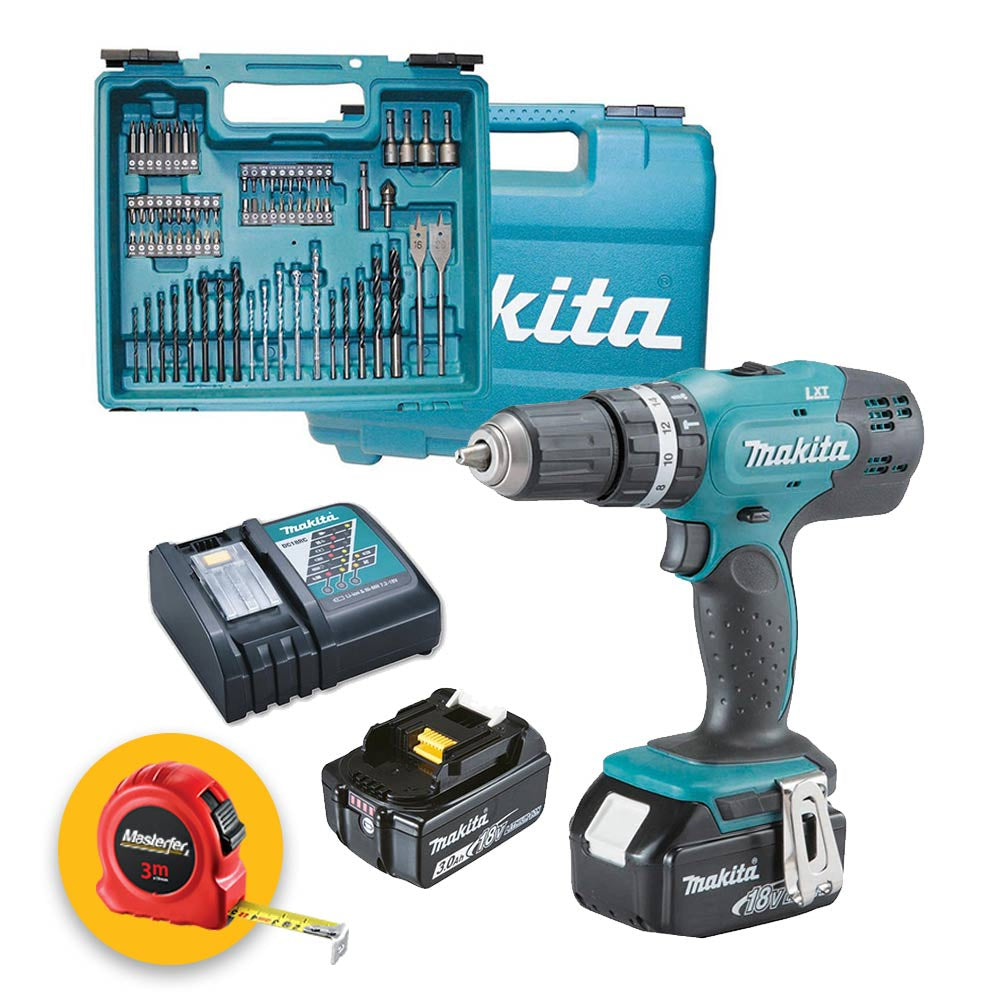 Makita DHP453RFX4 - Trapano avvitatore a batteria con percussione, 2 x 3ah in valigetta e 74 accessori
