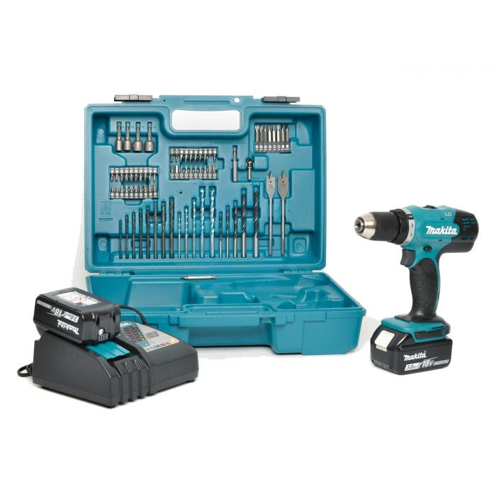 Makita DHP453RFX4 - Trapano avvitatore a batteria con percussione, 2 x 3ah in valigetta e 74 accessori