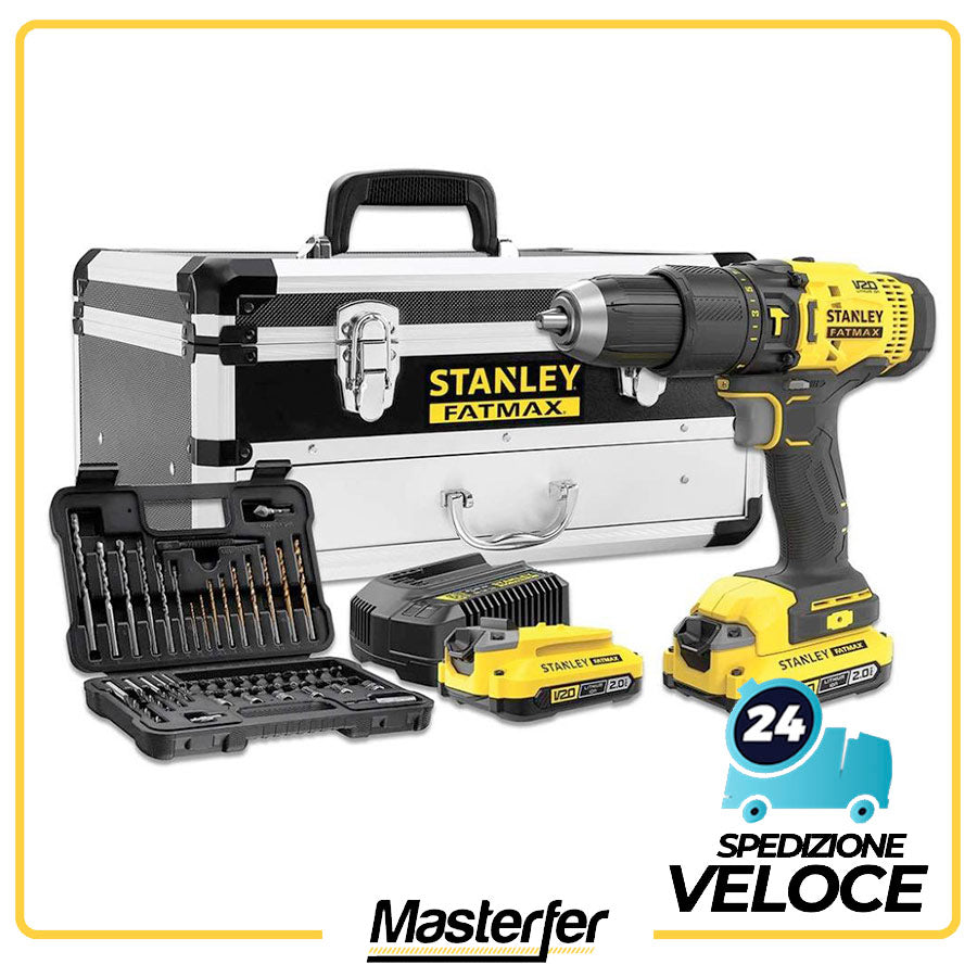 Stanley SFMCD711D2F-QW - Trapano a percussione V20 Li-Ion 18V + Set 50 accessori - 2 batterie 2Ah - Valigetta in metallo 