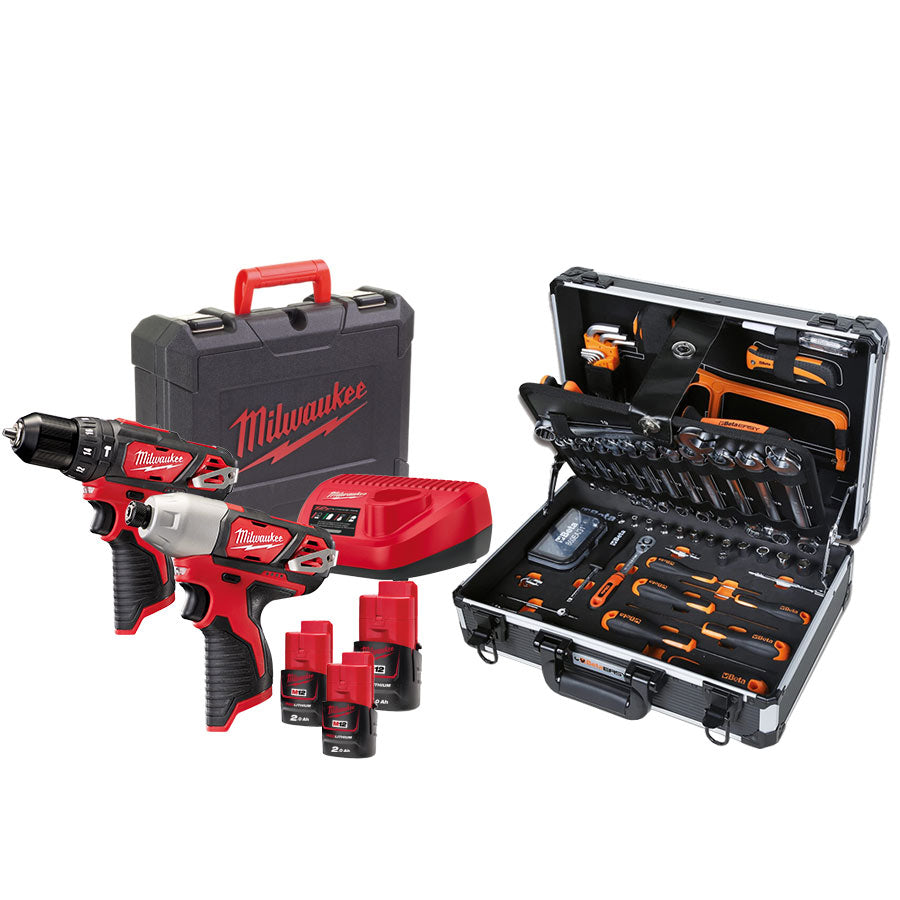 Kit utensili per casa e bricolage - Set Milwaukee 12V trapano e avvitatore + Valigetta attrezzi completa Beta 100 pz.