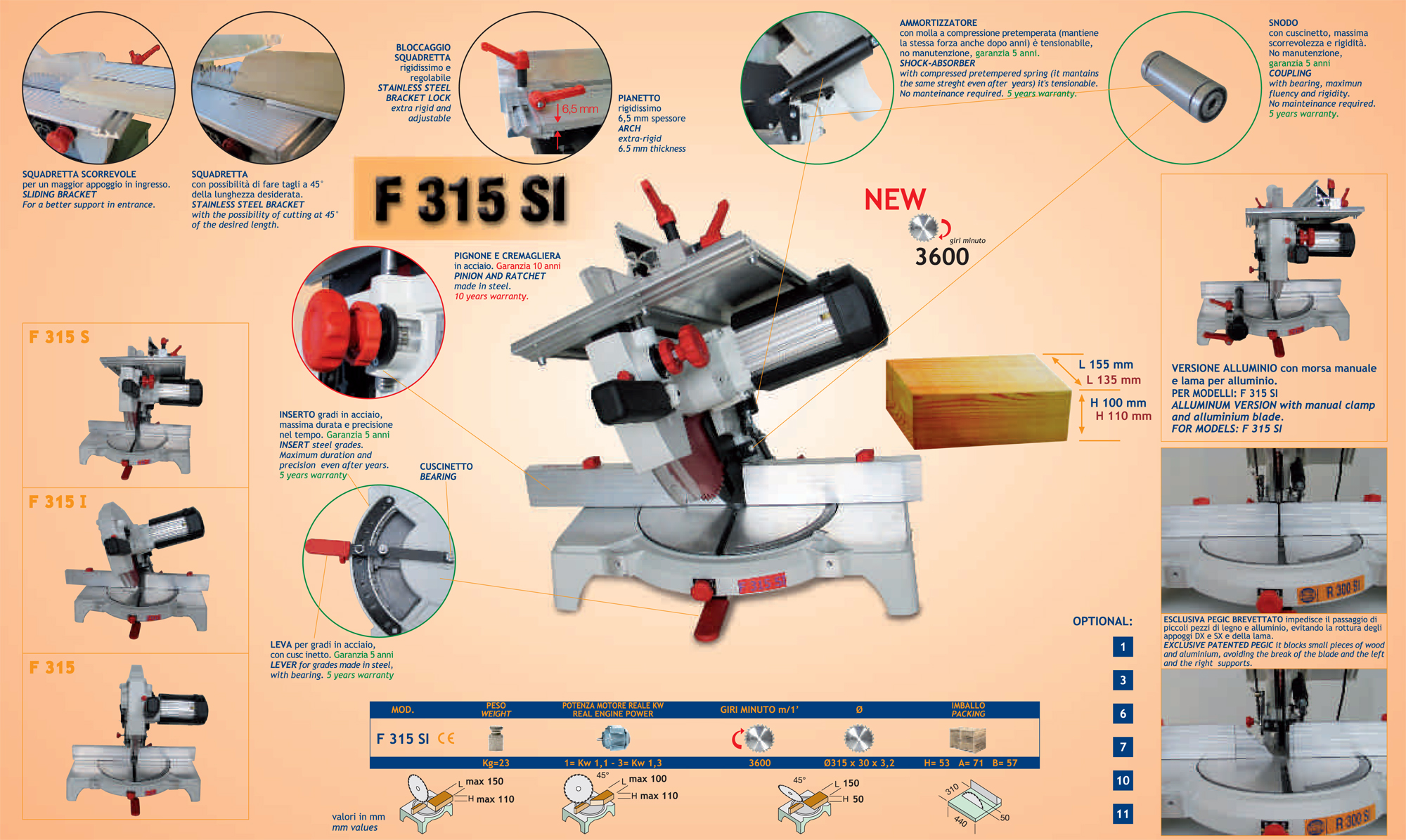 Troncatrice per legno Pegic F 315 SI, versione monofase