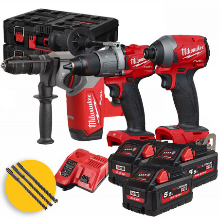 Milwaukee M18 FPP3P2-533P Fuel - Kit elettroutensili a batteria, Trapano, Tassellatore, Avvitatore ad impulsi in valigette Packout