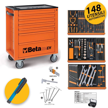 BETA C24EH/VA - Carrello attrezzi per officina completo di 148 utensili, assortimento automotive 