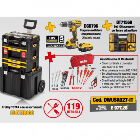 DWUSK027 Trolley TSTAK con Avvitatore DCD796 + Assortimento DeWalt + Assortimento Usag 19 utensili