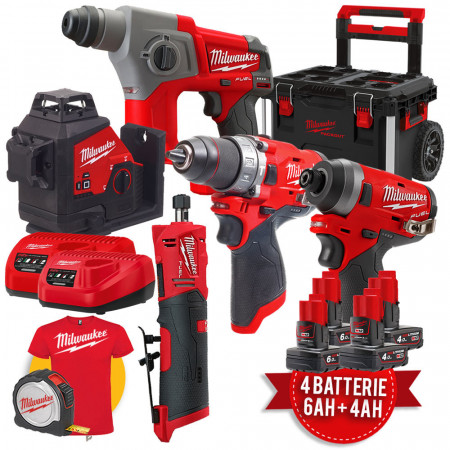 Milwaukee kit utensili a batteria M12 - Trapano FPD + Avvitatore FID + Livella laser 3PL + Tassellatore CH + Smerigliatrice FDGS