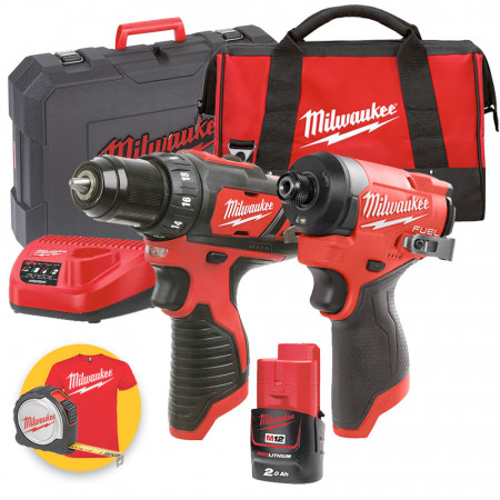 Milwaukee Kit utensili 12V - M12 BDD Trapano avvitatore 12V - M12 FID2 Avvitatore a impulsi 1/4", 1 x 2Ah 