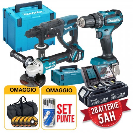 Makita kit utensili 18V - Trapano, Smerigliatrice, Tassellatore, 2 batterie 5Ah 