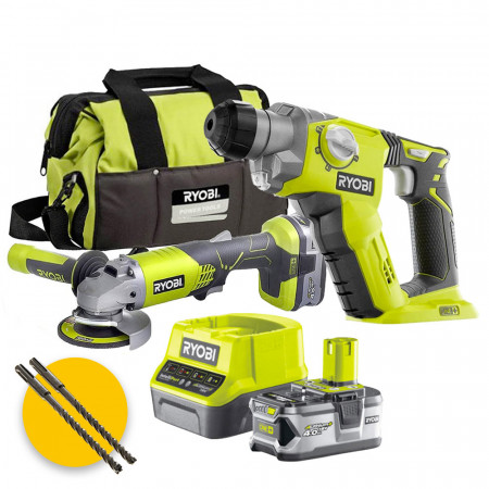 Ryobi kit utensili a batteria 18V - Smerigliatrice angolare, tassellatore, 1 x 4Ah