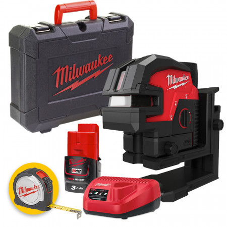 Milwaukee M12 CLL4P-301C - Livella laser con raggio verde a 2 linee con 4 punti piombo