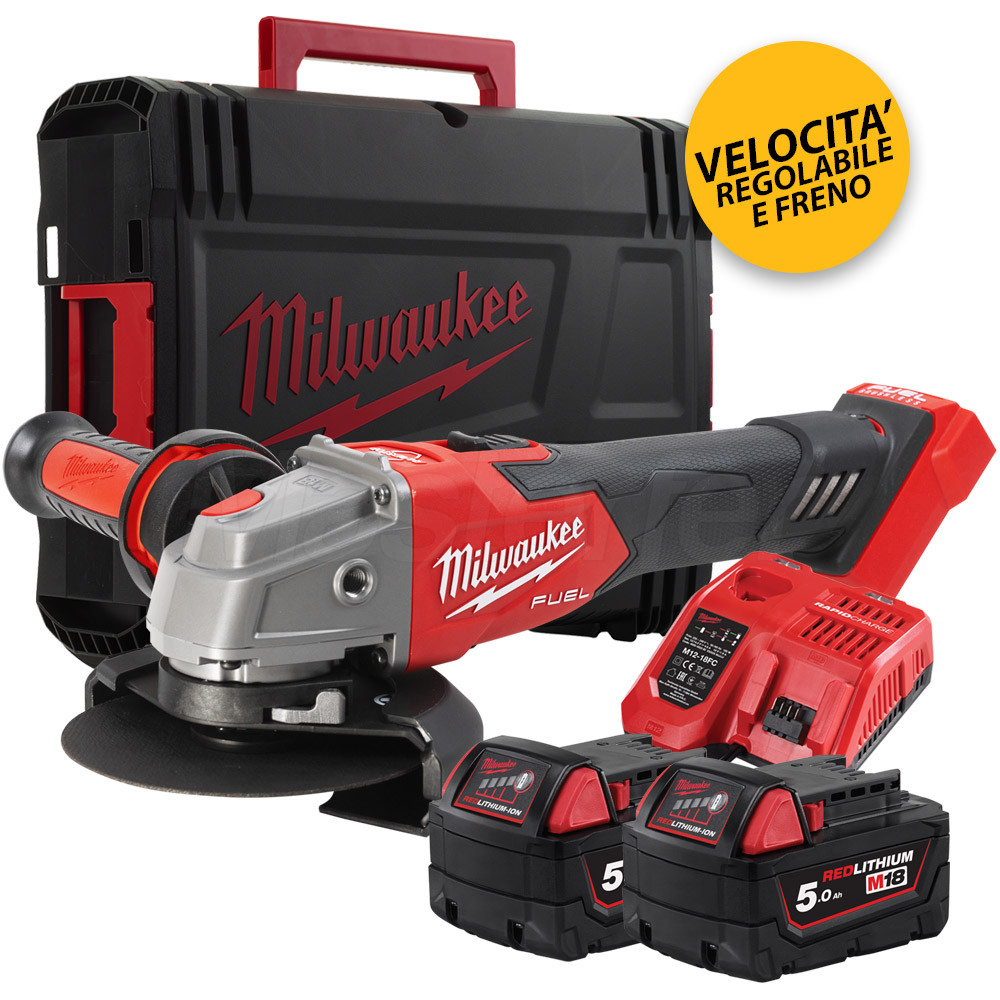 Milwaukee FSAGV125XB 502X Smerigliatrice angolare a batteria M18 con FRENO e VELOCITA REGOLABILE 2 x 5Ah Masterfer