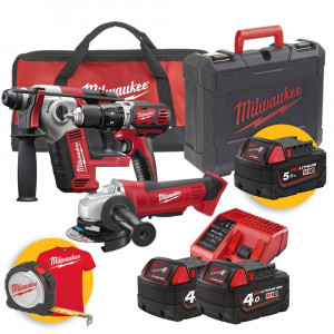 Kit Milwaukee 18V M18 BPP3A-403B, trapano avvitatore a batteria m18 fuel + tassellatore sds-plus + smerigliatrice, 3 batterie da 4.0Ah, con valigetta e borsone