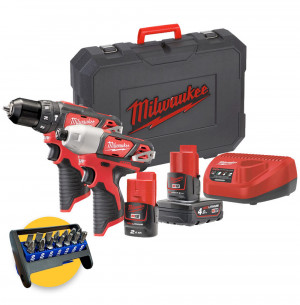 Milwaukee M12 BPP2A-203C - Kit 12V Trapano avvitatore con percussione e avvitatore ad impulsi