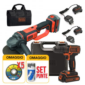 Kit utensili 18V Black & Decker - Trapano avvitatore e smerigliatrice angolare 125mm, 2 batterie da 4Ah e 1,5 Ah