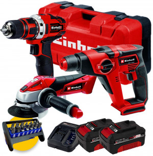 Einhell Kit utensili a batteria 18V - Trapano, tassellatore, smerigliatrice - 2 X 4AH