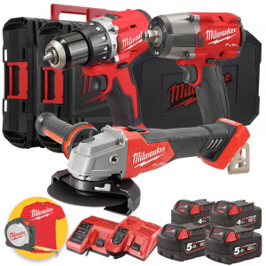 Kit utensili Milwaukee a batteria 18V - Trapano avvitatore, Avvitatore ad impulsi, Smerigliatrice, 2 batterie 5Ah + 2 batterie 4Ah, 3 Valigette
