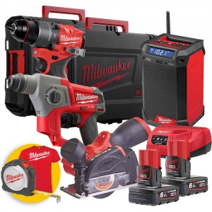 Milwaukee M12 FPP3R-602X - Kit utensili a batteria Fuel, Trapano, Tassellatore, mini Smerigliatrice, Radio 